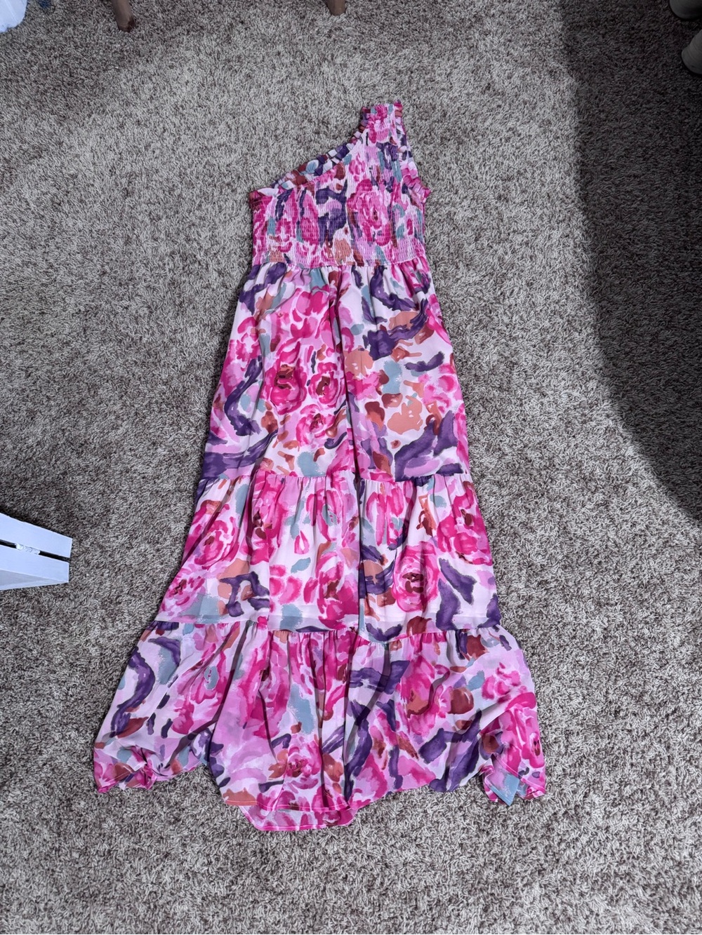 One-Shoulder Pink Floral Tiered Maxi Dress